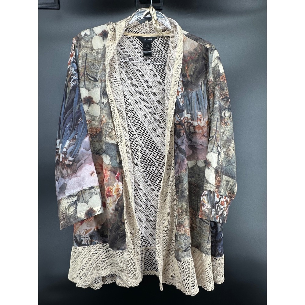 Ali‎ Miles Floral Patchwork Crochet Lace Open Front Cardigan Boho Cottagecore